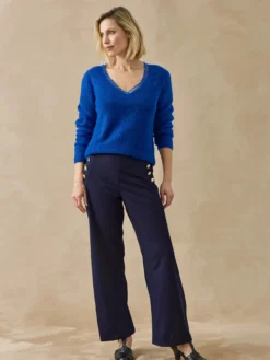 Pull col V dentelle avec laine et alpaga